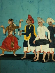 Drei Musiker und ein tanzendes Mädchen, Tanjore, Tamil Nadu, um 1850