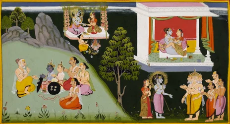 Hochzeit von Uma und Shiva, während die Götter, angeführt von Brahma, Shiva um einen Sohn bitten, der sie beschützen soll