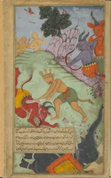 Angada schlägt Devantaka mit einem Stoßzahn nieder, der von Mahodaras Elefant gerissen wurde