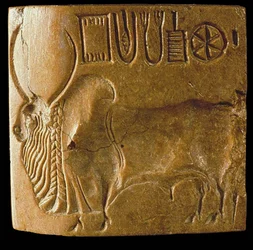 Siegeldarstellung eines Zebubullen mit Indus-Schrift, gefunden in Mohenjo-Daro, Industal, 3. Jahrtausend v. Chr.