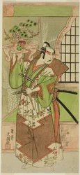Der Schauspieler Ichikawa Yaozo II bei einer Voraufführung des Stücks "Soga Monogatari", aufgeführt im Morita-Theater im zweiten Monat, 1773