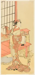 Der Schauspieler Segawa Kikunojo II, möglicherweise als Prinzessin Ayaori im Stück Ima o Sakari Suehiro Genji (Der Genji-Clan jetzt auf seinem Höhepunkt), aufgeführt im Nakamura-Theater ab dem ersten Tag des elften Monats, 1768