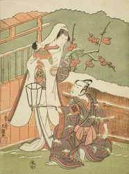 Die Schauspieler Arashi Sangoro II als Minamoto no Yoritomo verkleidet als Hutmacher