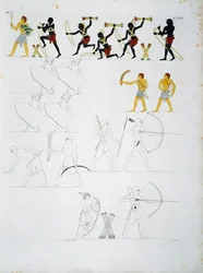 Militärszenen, Soldaten mit Bögen und Pfeilen, aus den Gräbern von Beni Hasan, Tafel CXVIII, aus Denkmälern von Ägypten und Nubien: zivile Denkmäler