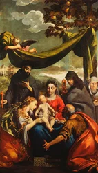 Die Madonna und das Kind mit den Heiligen Maria Magdalena, Petrus, Klara und Franziskus und einem Porträt der Äbtissin