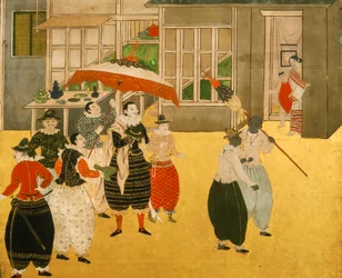 Details vom Namban Byobu-Schirm, der portugiesische Händler zeigt, die Japan während der Momoyama-Periode besuchen, 2005 (Foto)