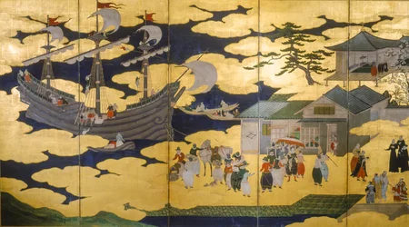 Samurai - Faltbildschirm von Namban Byobus - Südliche Barbaren - Ein portugiesisches Schiff betritt einen japanischen Hafen, 2005