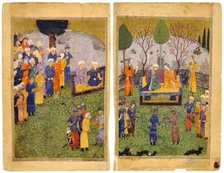 Ein fürstliches Paar mit Höflingen in einem Garten. Aus dem Shahnama Buch der Könige