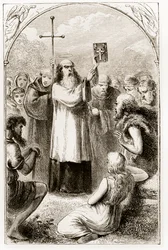 St. Patrick zeigt den Menschen in Irland die vier Evangelien, aus The Trias Thaumaturga, oder Drei Wunderwirkende Heilige von Irland, von Mary Cusack (1829-99) veröffentlicht um 1890