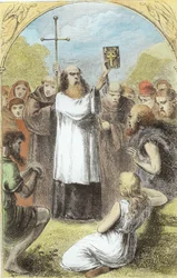 St. Patrick zeigt den Menschen in Irland die vier Evangelien, aus The Trias Thaumaturga, oder Drei Wunderwirkende Heilige Irlands, von Mary Cusack (1829-99) veröffentlicht ca. 1890er (spätere Kolorierung)
