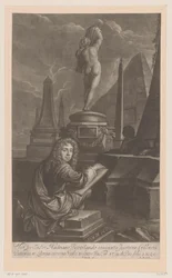Porträt von Hadriaan Beverland, der eine Statue der Venus zeichnet