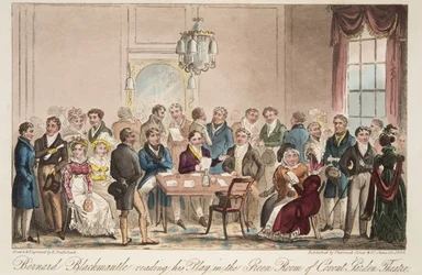 Bernard Blackmantle liest sein Stück im Green Room des Covent Garden Theatre, aus The English Spy, veröffentlicht 1824