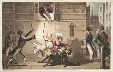Einen Proktor grüßen, oder Oxford-Bulldogs entdecken Brazen-Schmuggler, aus The English Spy, veröffentlicht London, 1824