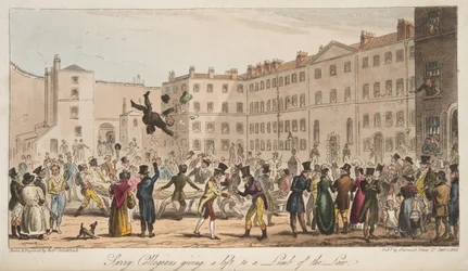 Surrey Collegians geben einem Gesetzesvertreter eine Mitfahrgelegenheit, aus The English Spy, veröffentlicht 1824