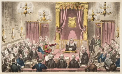 Das House of Lords in heftiger Debatte, aus The English Spy, veröffentlicht 1824