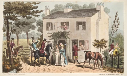 Die Oakland Cottages, Cheltenham, oder Fuchsjagd und ihre Favoriten, aus The English Spy, veröffentlicht 1824