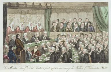 Das erste Auftreten von Dick Gradus unter den Würdenträgern der Westminster Hall, veröffentlicht 1824