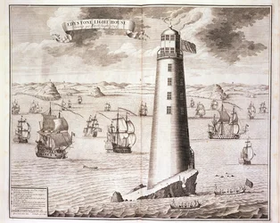 Der Eddystone-Leuchtturm, graviert von Hendrick Hulsbergh, 1713