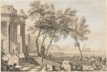Fantastische Hafenszene mit Architektur und Figuren, 1713