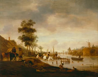 Flusslandschaft mit Schwimmern