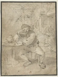 Sitzender Bauer, auf ein Tischchen gelehnt