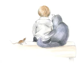 Junge und Katze teilen sich eine Geschichte