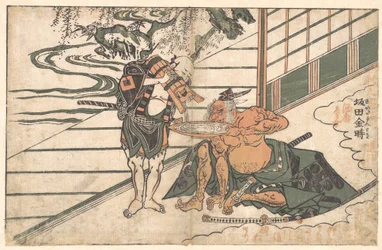 Der legendäre Kraftmensch Sakata Kinpira (Kintoki) trinkt Sake