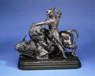 Ein König tötet einen Löwen, der einen Stier angreift