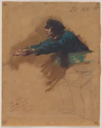 Junger Mann, nach vorn gebeugt, mit ausgestreckten Armen (Studie zu Soldaten, die Brot an die Armen verteilen), um 1851