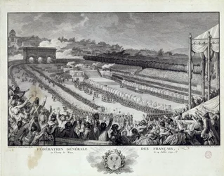 Französische Revolution: Ansicht des Festes der Generalföderation der französischen Departements auf dem Champs de Mars in Paris am 14.07.1791. Illustration von Isidore Helman