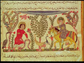 Ein Arzt leistet einem von einer Schlange gebissenen Mann Hilfe, Manuskript aus einem Traktat von Dioscorides, 13. Jahrhundert