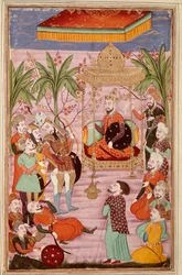 Islamische Kunst: König Keikaous befiehlt die Gefangennahme von Roustam Persische Miniatur aus einem Manuskript des epischen Gedichts „Shahnameh“ (Buch der Könige) von Ferdowsi (ca. 940-1020) Chantilly, Musée Condé