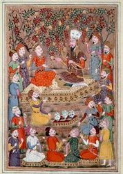 Islamische Kunst: Roustam bittet Kei Khosraou um die Gnade von Gourguin Persische Miniatur aus einem Manuskript des epischen Gedichts „Shahnameh“ (Buch der Könige) von Ferdowsi (ca. 940-1020)