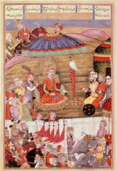Islamische Kunst: „Sohrab schaut erneut auf das Zelt von Roustam“. Persische Miniatur aus einem Manuskript des Epos „Shahnameh“ (Buch der Könige) von Ferdowsi (ca. 940-1020).