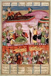 Islamische Kunst: „Sohrab steht am Zelt von Roustam“ Persische Miniatur aus einem Manuskript des epischen Gedichts „Shahnameh“ (Buch der Könige) von Ferdowsi