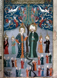 Islamische Darstellung von Adam und Eva, Miniatur aus dem Manuskript Zubdat al Tawarikh von Seyyid Loqman Ashuri, 1538, Türkisches und Islamisches Kunstmuseum, Istanbul