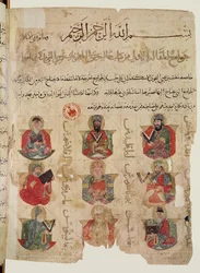 Pythagoras (ca. 570-480 v. Chr.) (in der Mitte) lehrt 8 andere Ärzte, darunter Galen (ca. 131-201) (unten links) und Andromachus (unten rechts), Illustration aus einer arabischen Übersetzung von De materia medica