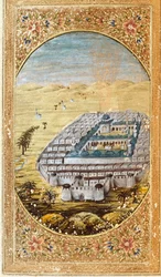 Ansicht von Mekka (La Mekke), Ort der muslimischen Pilgerfahrt, und die Ebenen des Berges Arafat (Arafah), Saudi-Arabien. Seite aus einer Ausgabe des Korans