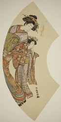 Die Kurtisane Hanaogi vom Ogiya und ihre Begleiterin, aus der Serie Fächer des Ostens