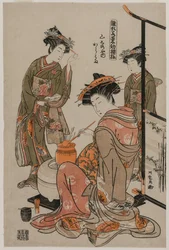 Die Kurtisane Karahama von Yamashiroya führt die Teezeremonie durch..., späte 1770er