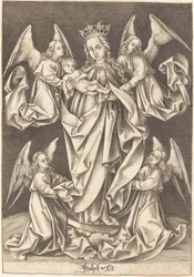 Die Madonna und das Kind auf der Mondsichel, unterstützt von vier Engeln