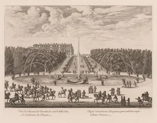 Ansicht des Schlosses von Versailles, von der Seite der Allee und des Drachenbrunnens