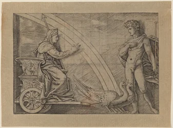 Juno in einem von Pfauen gezogenen Wagen