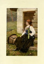 Frau in traditioneller Tracht mit großem Korb neben ihr, Sabbia, Piemont, Fotografie von V M