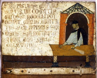 Ein Camerlengo bei der Entrichtung von Steuern. Biccherna (Einband des Rechnungsregisters der Stadt Siena) von 1270. Staatsarchiv, Museo delle Tavolette di Biccherna, Siena.