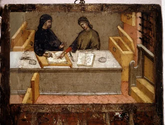 Ein Kämmerer und ein Steuereinnehmer im Amtszimmer, Biccherna (Einband des Rechnungsregisters der Stadt Siena) von 1394. Staatsarchiv - Museo delle Tavolette di Biccherna, Siena