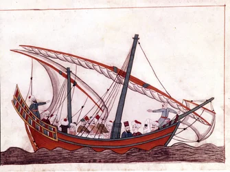 Ein türkisches Boot. Miniatur aus „Türkische Denkmäler“ (Codex Cicogna 1971 „Memorie Turchesche“) Aquarell aus der venezianischen Schule des 17. Jahrhunderts.