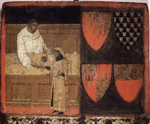 Ein Steuereinnehmer und ein Steuerzahler, Biccherna (Einband des Rechnungsregisters der Stadt Siena) von 1340. Nationalarchiv - Museo delle Tavolette di Biccherna, Siena.