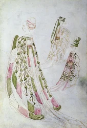 Eine Frau und zwei Männer in langen Mänteln, ca. 1450