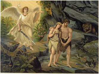 Adam und Eva werden vom Erzengel aus dem irdischen Paradies (Eden) vertrieben - in „Aurea Bibbia classica: storia della rivelazione divina nell